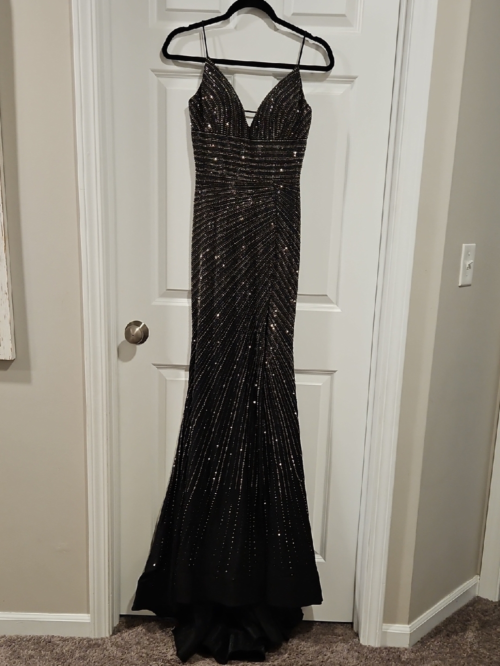 Black Beaded Spaghetti Strap Prom Dress